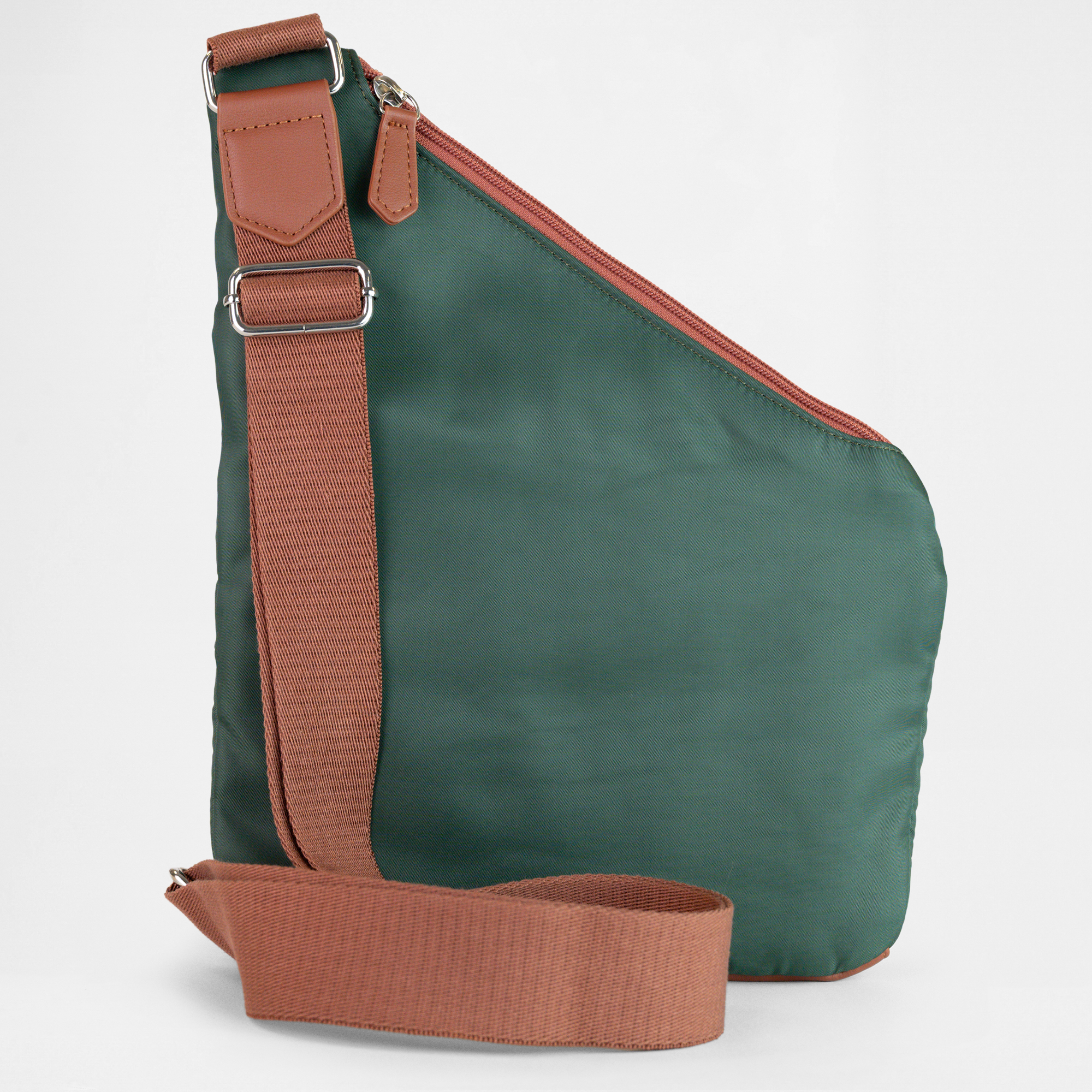 Back view of the London Sling Bag in Green with Tan accents, showing the adjustable crossbody strap and clean panel finish.