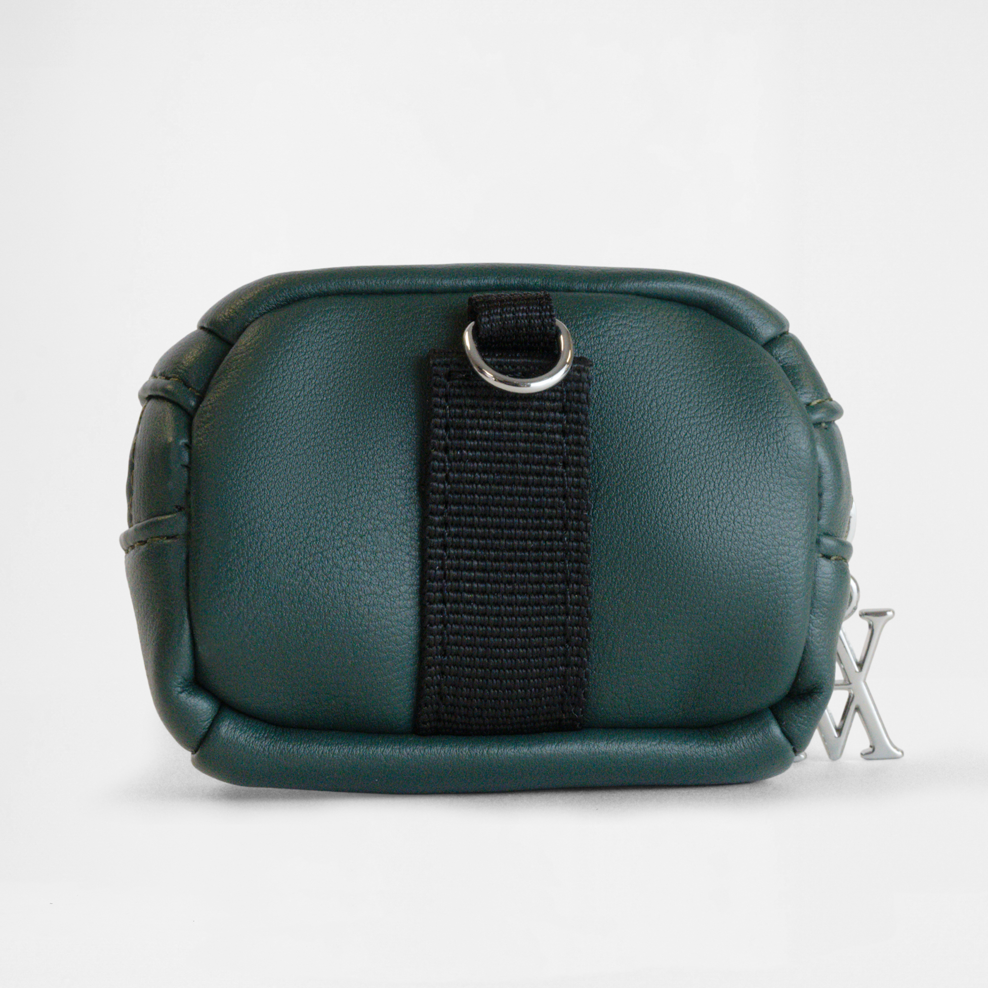 Back view of the Memphis Earbud Case in Racing Green with clip detail