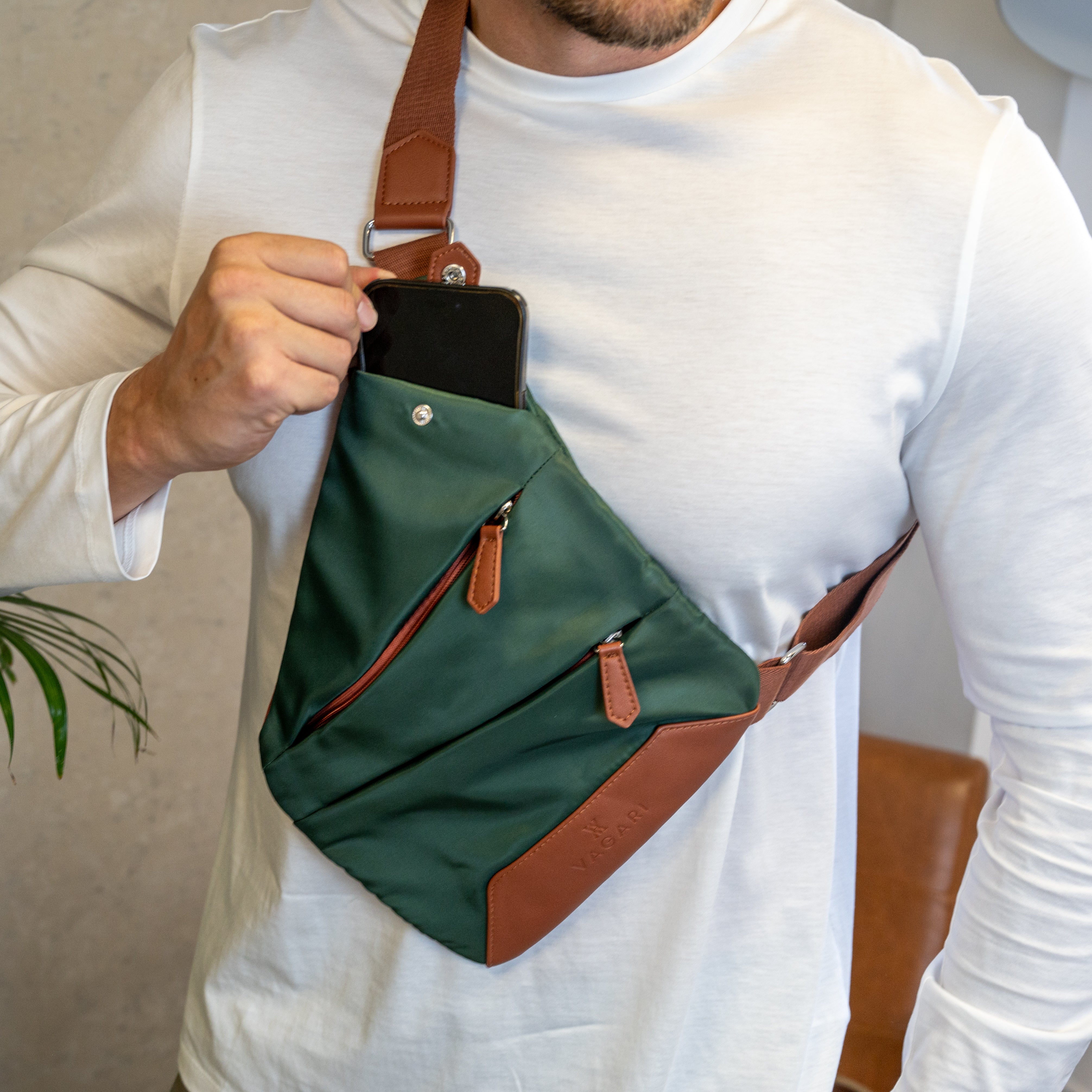 London Sling Bag - Green & Tan