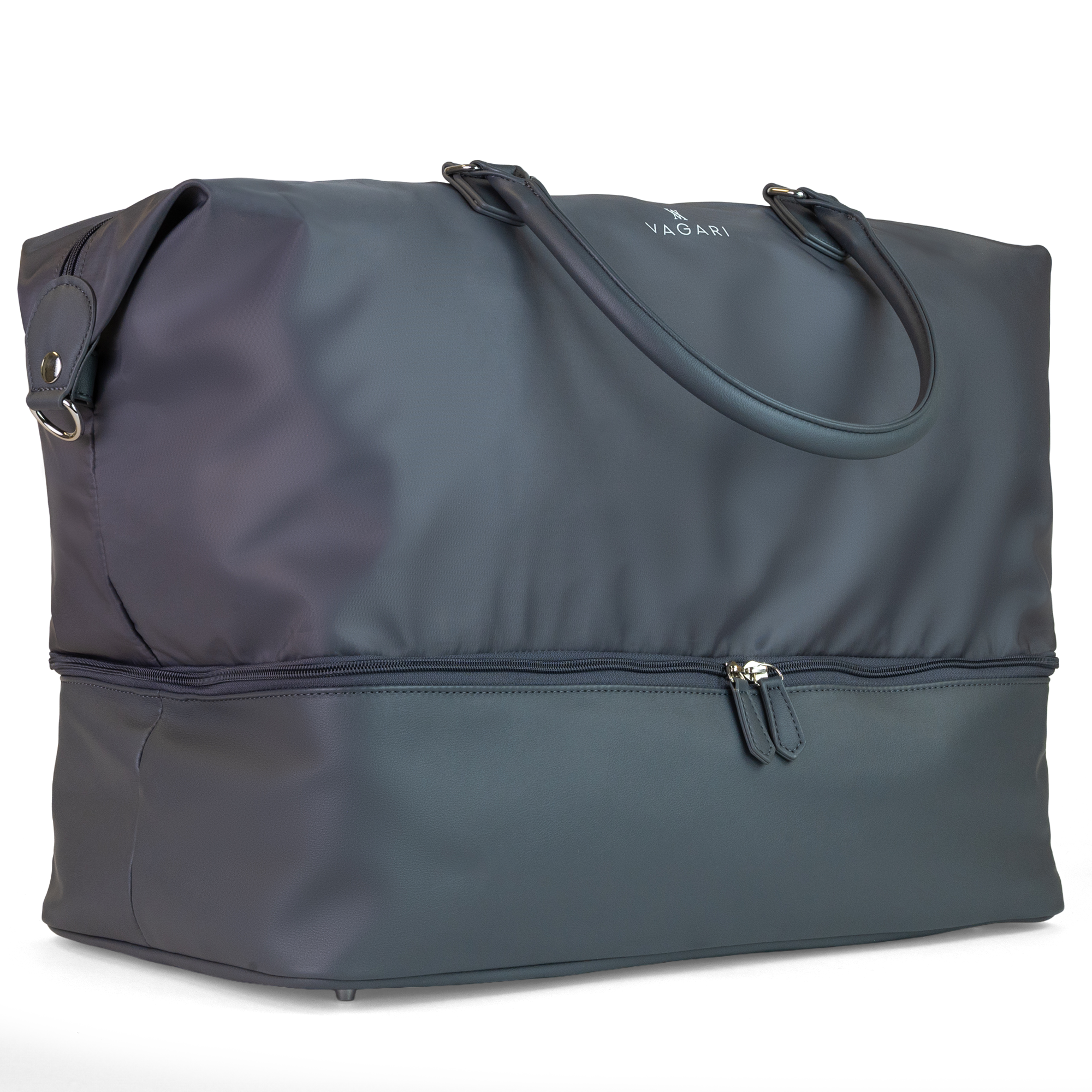 Side angle view of the Athens Gym Bag in Graphite showing structure and handles