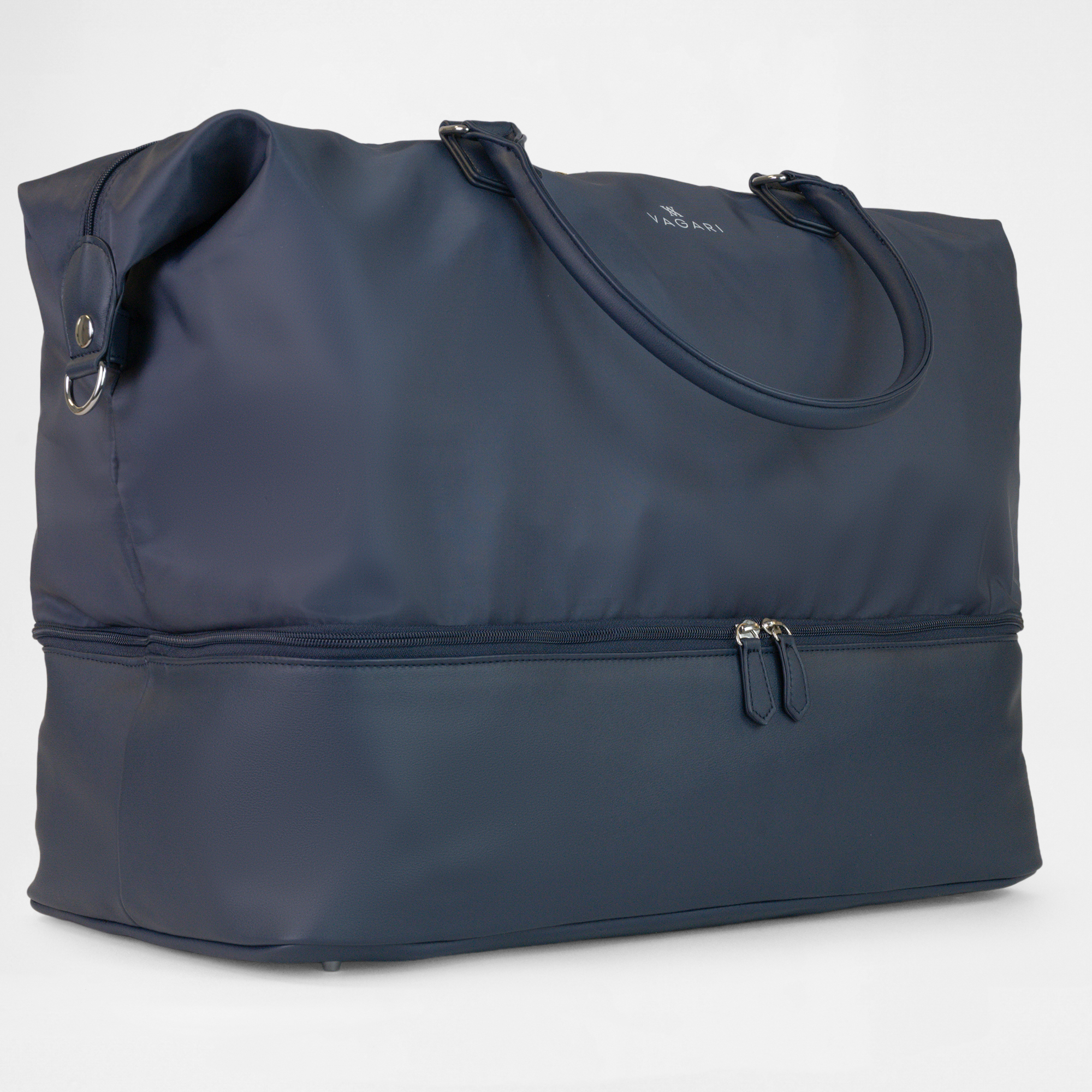 Side angle view of the Athens Gym Bag in Navy showing structure and handles