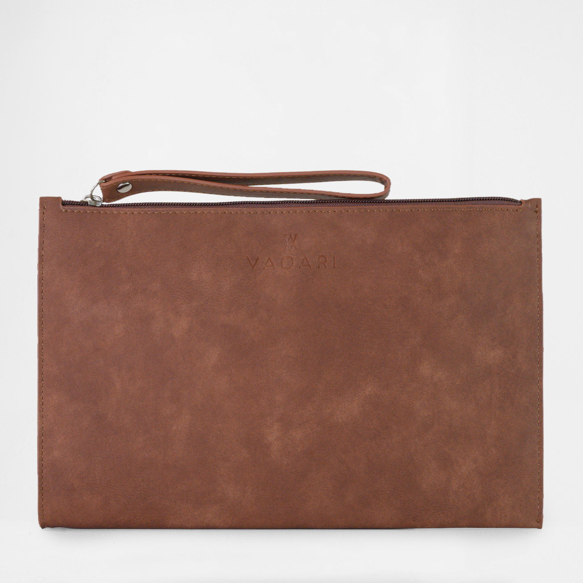 Product view of the Geneva Compact Pouch in Cognac, showing slim profile with wrist strap.