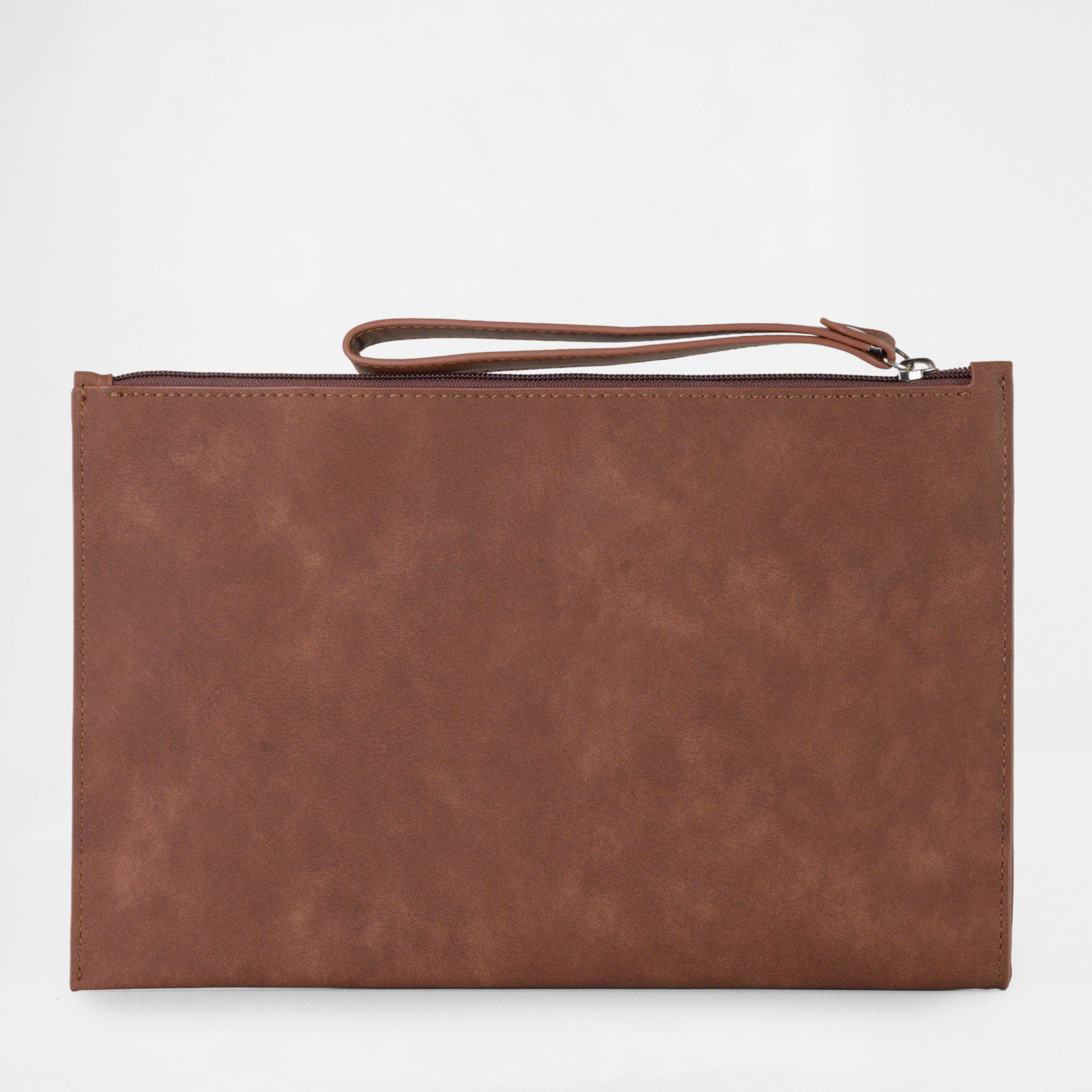 Product view of the Geneva Compact Pouch in Cognac, showing reverse side with smooth textured finish.