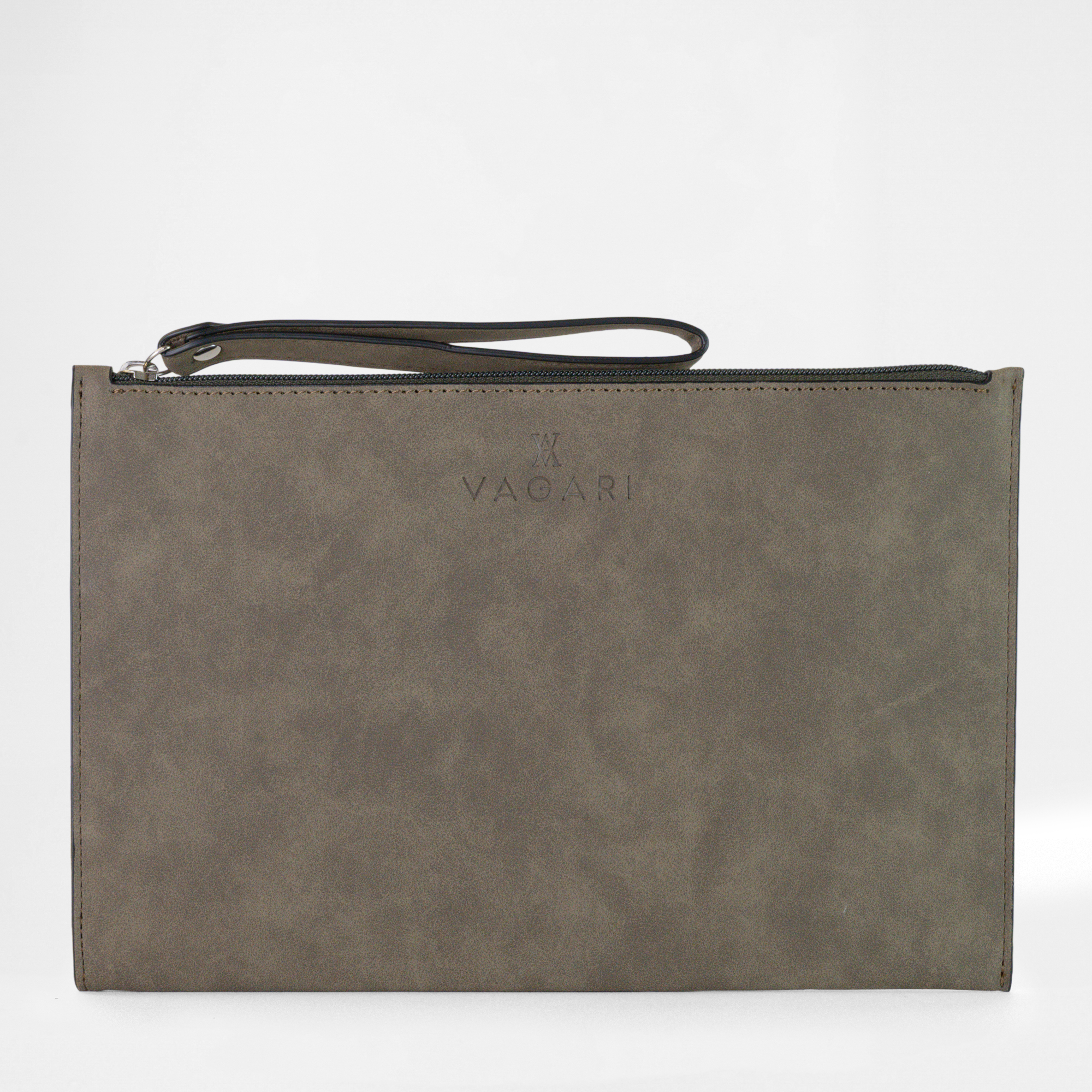 Product view of the Geneva Compact Pouch in Olive Drab, showing slim profile with wrist strap.