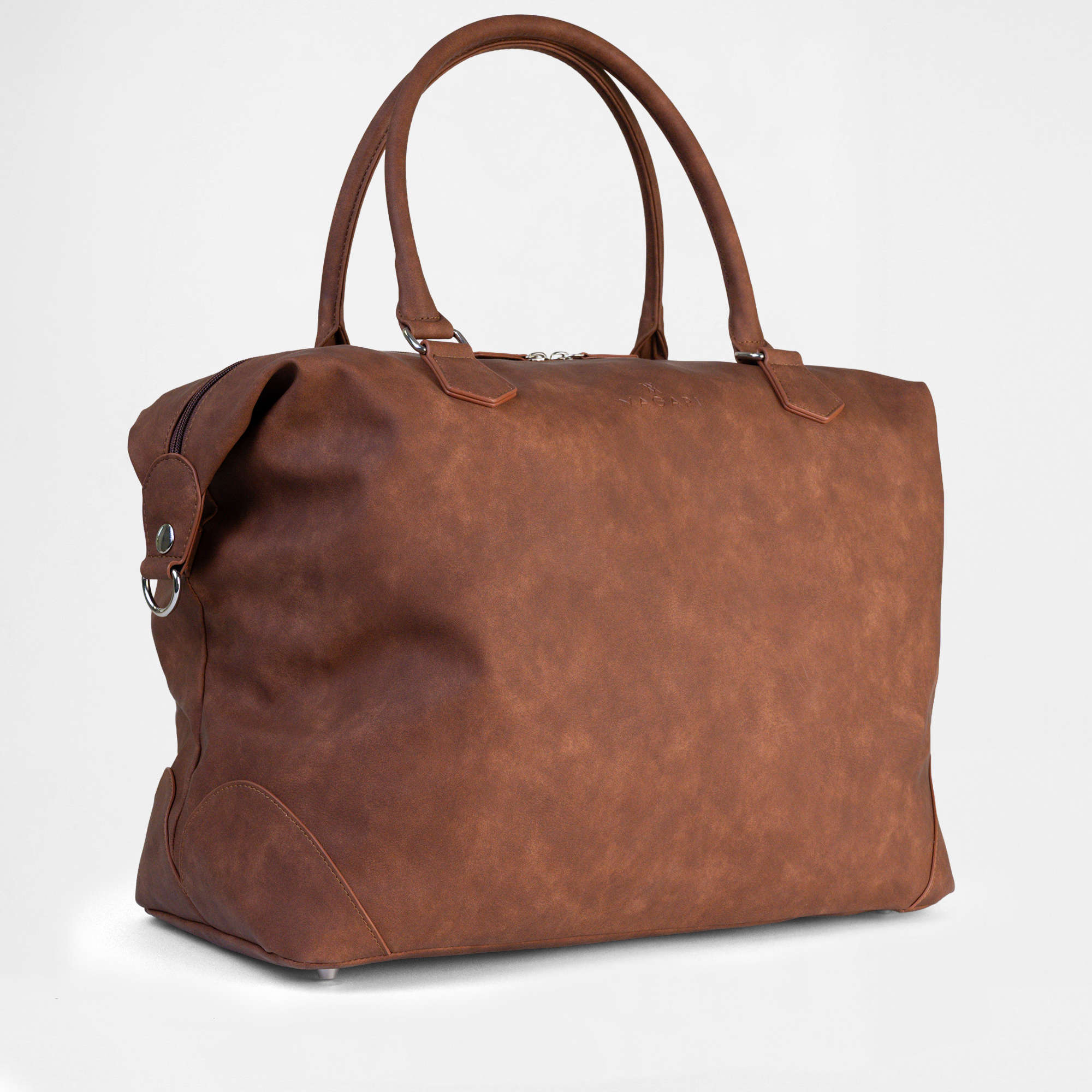 Angled side view of the Lisbon Weekender in Cognac, highlighting bag structure and capacity.