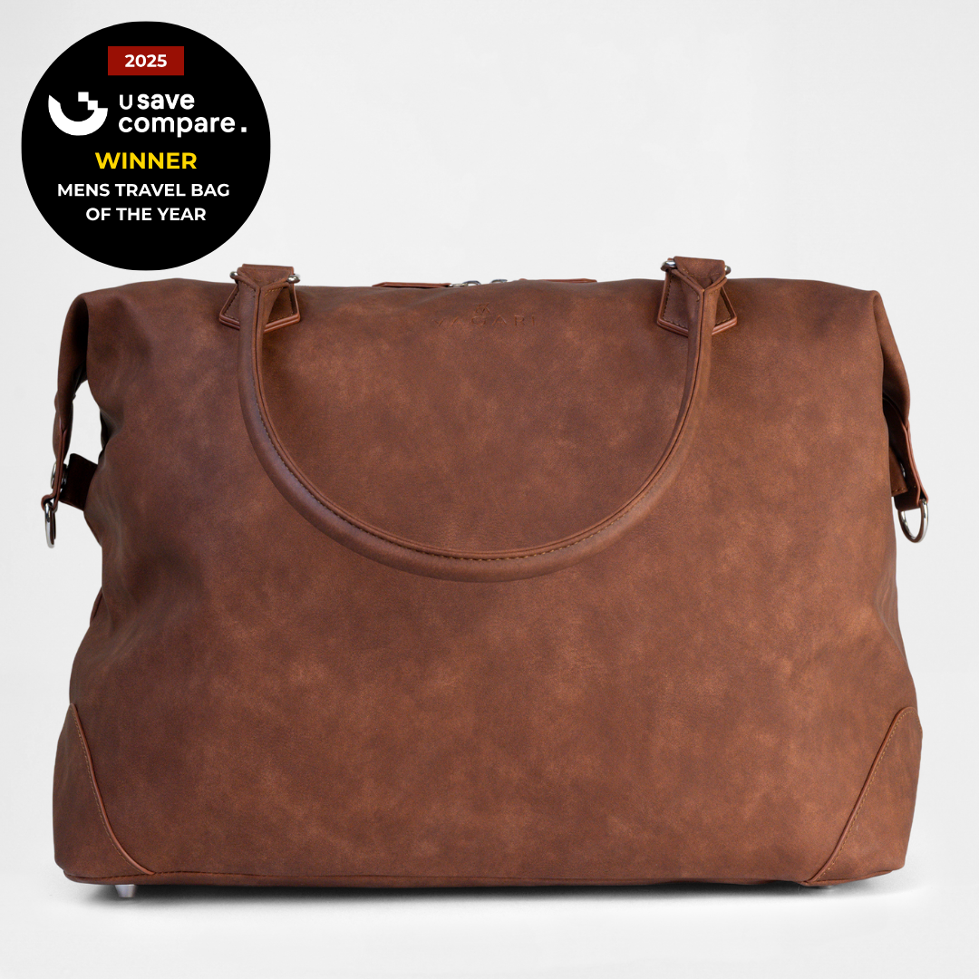 The Lisbon Weekender men's travel bag in Cognac with 'Usave Compare' award badge.