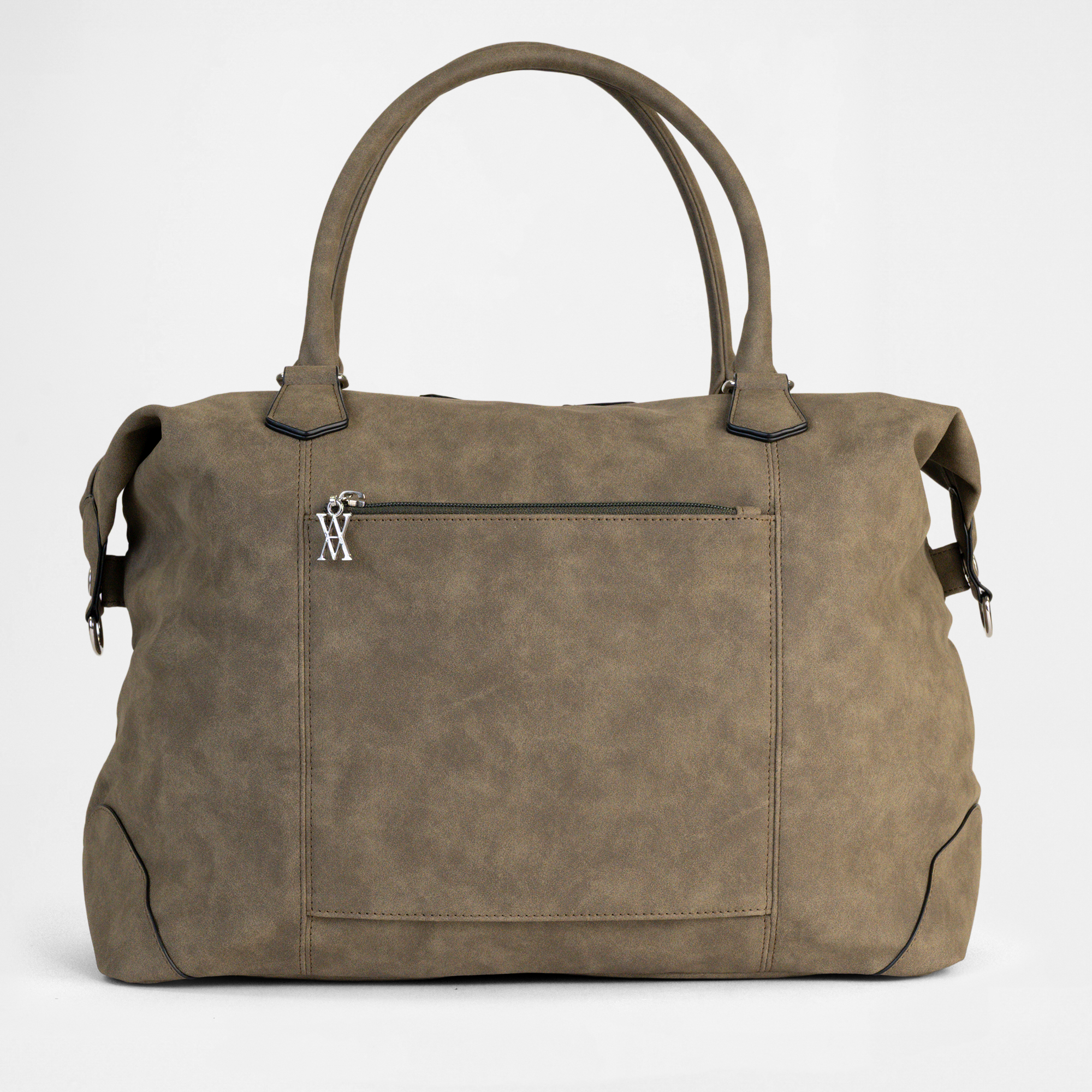 Detailed view of the Lisbon Weekender in Olive Drab, showing structured handles, external zipper pocket and textured faux-leather finish.