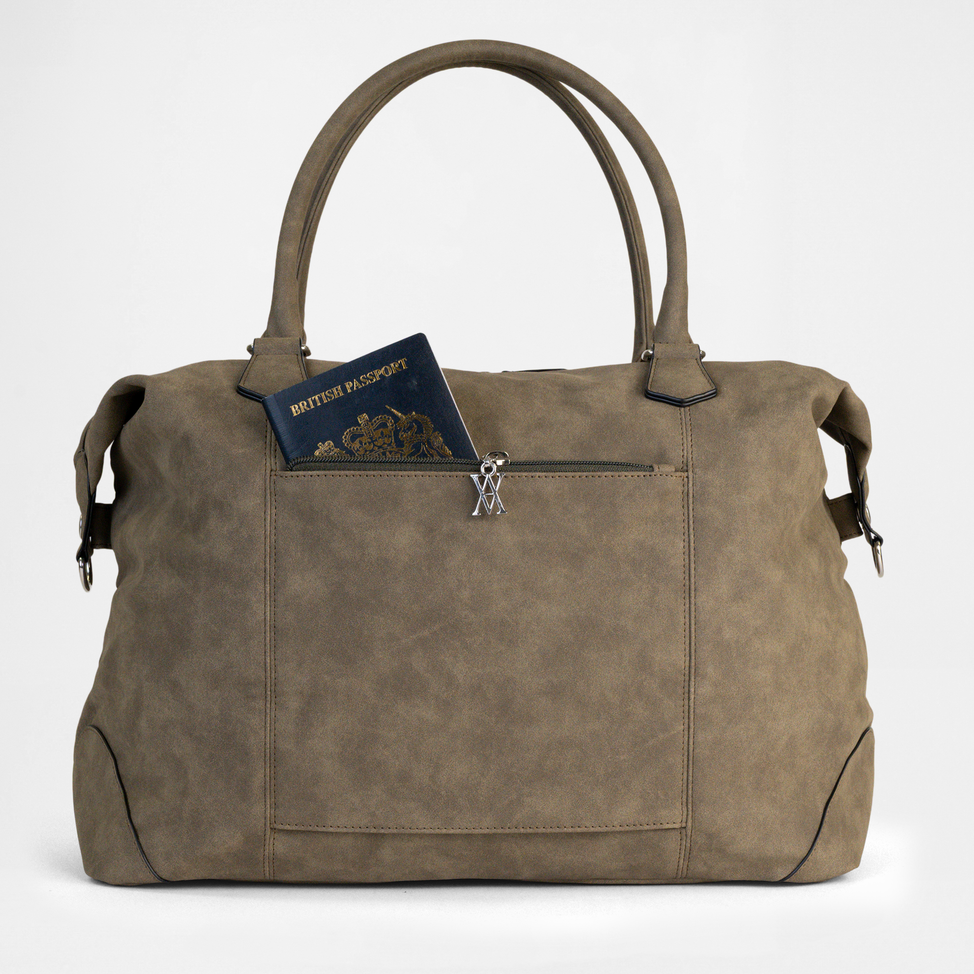 Close-up view of the Lisbon Weekender in Olive Drab with hidden passport pocket partially open.