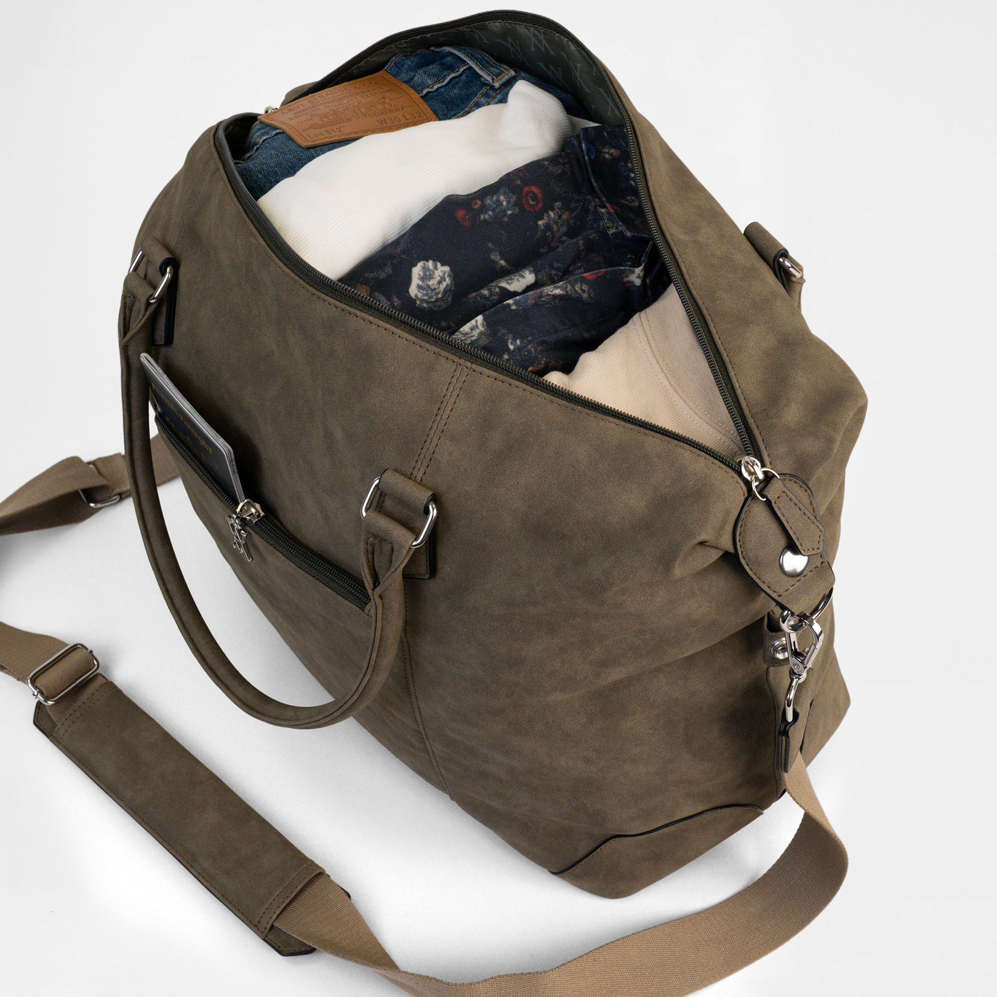 Open top view of the Lisbon Weekender in Olive Drab, showing spacious interior capacity and detachable shoulder strap.