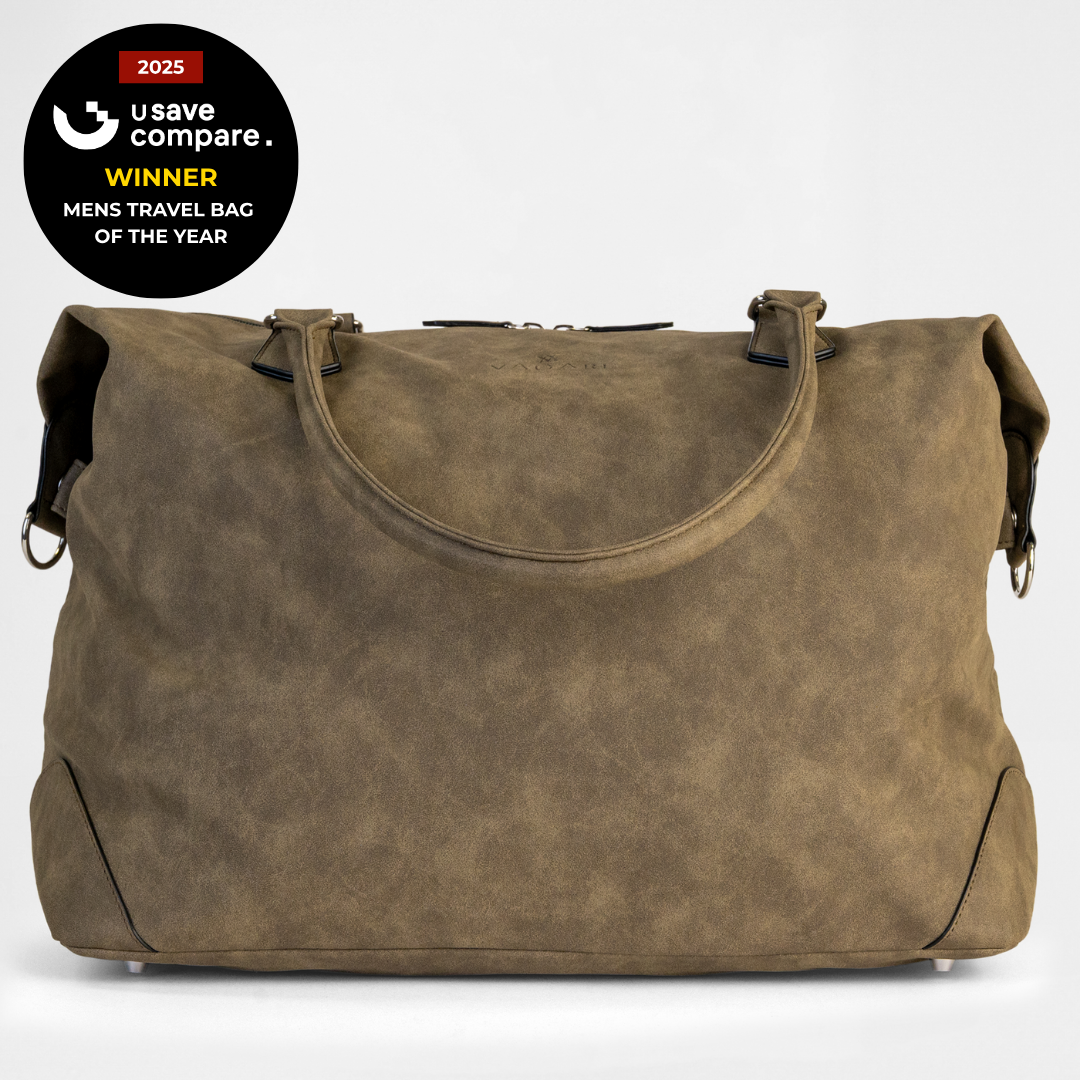 The Lisbon Weekender travel bag in Olive Drab with 'Mens Travel Bag of the Year' award badge.