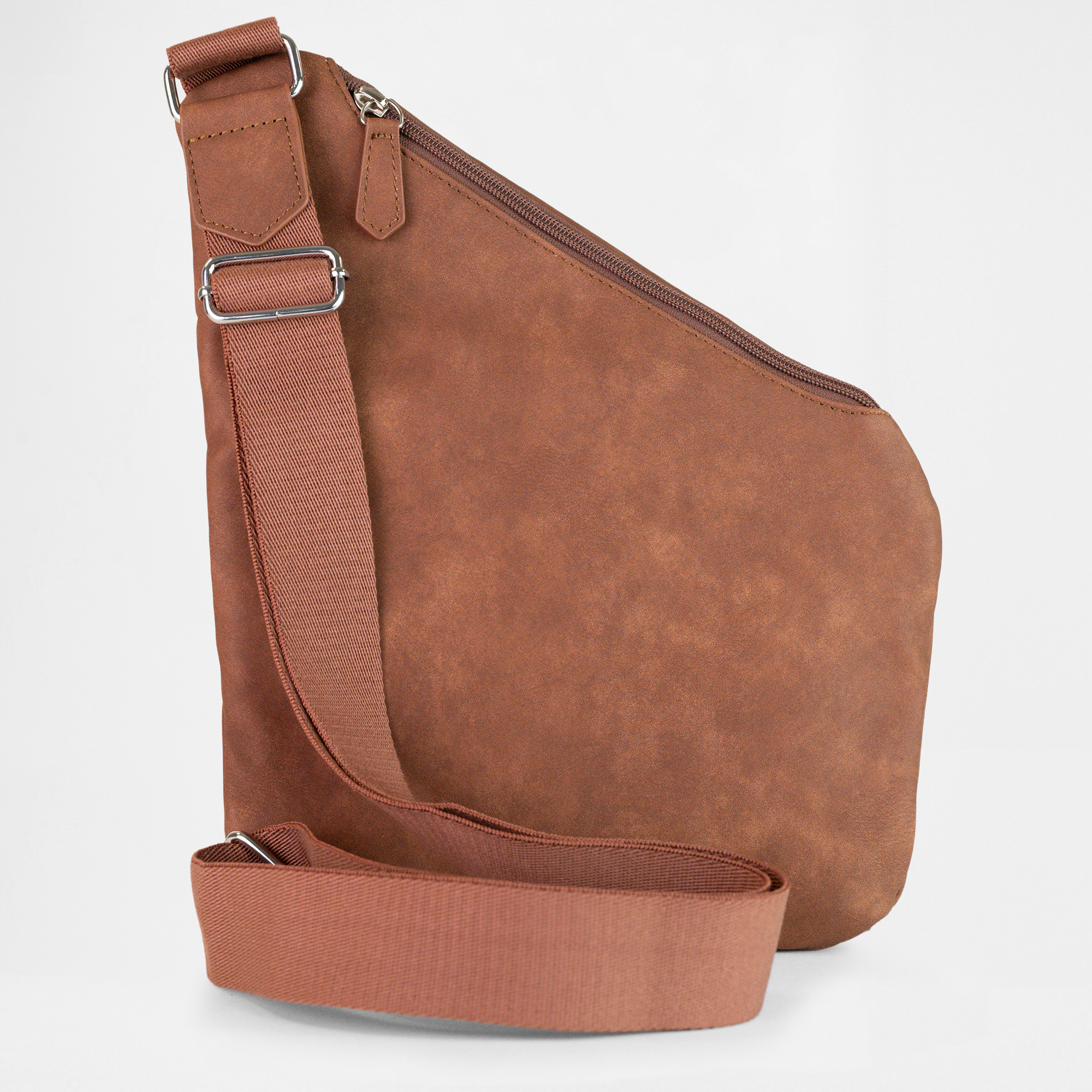 Back view of the London Sling Bag in Cognac, showing the adjustable crossbody strap, zipped compartment and smooth rear panel.