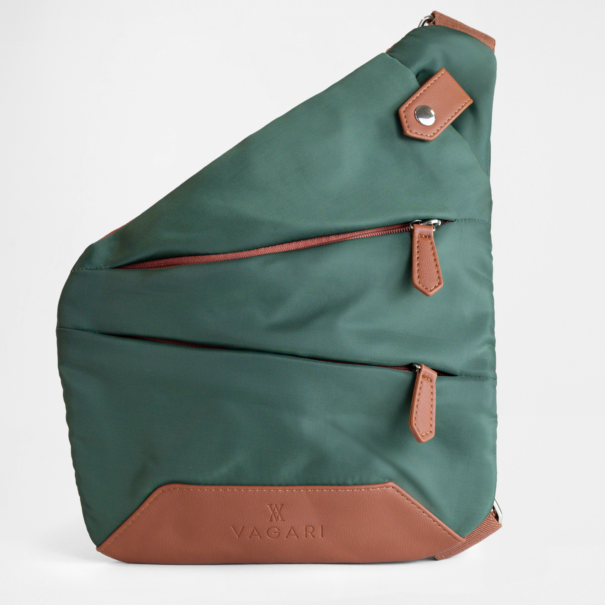 Front view of the London Sling Bag in Green with Tan trim contrast.