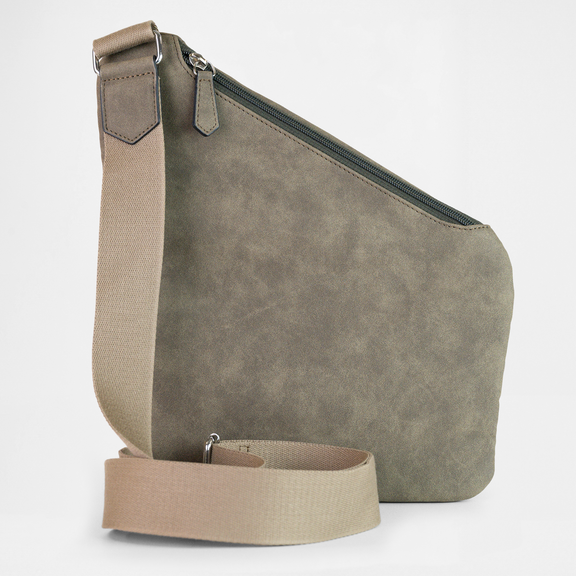 Back view of the London Sling Bag in Olive Drab, showing the adjustable crossbody strap, zipped compartment and smooth rear panel.