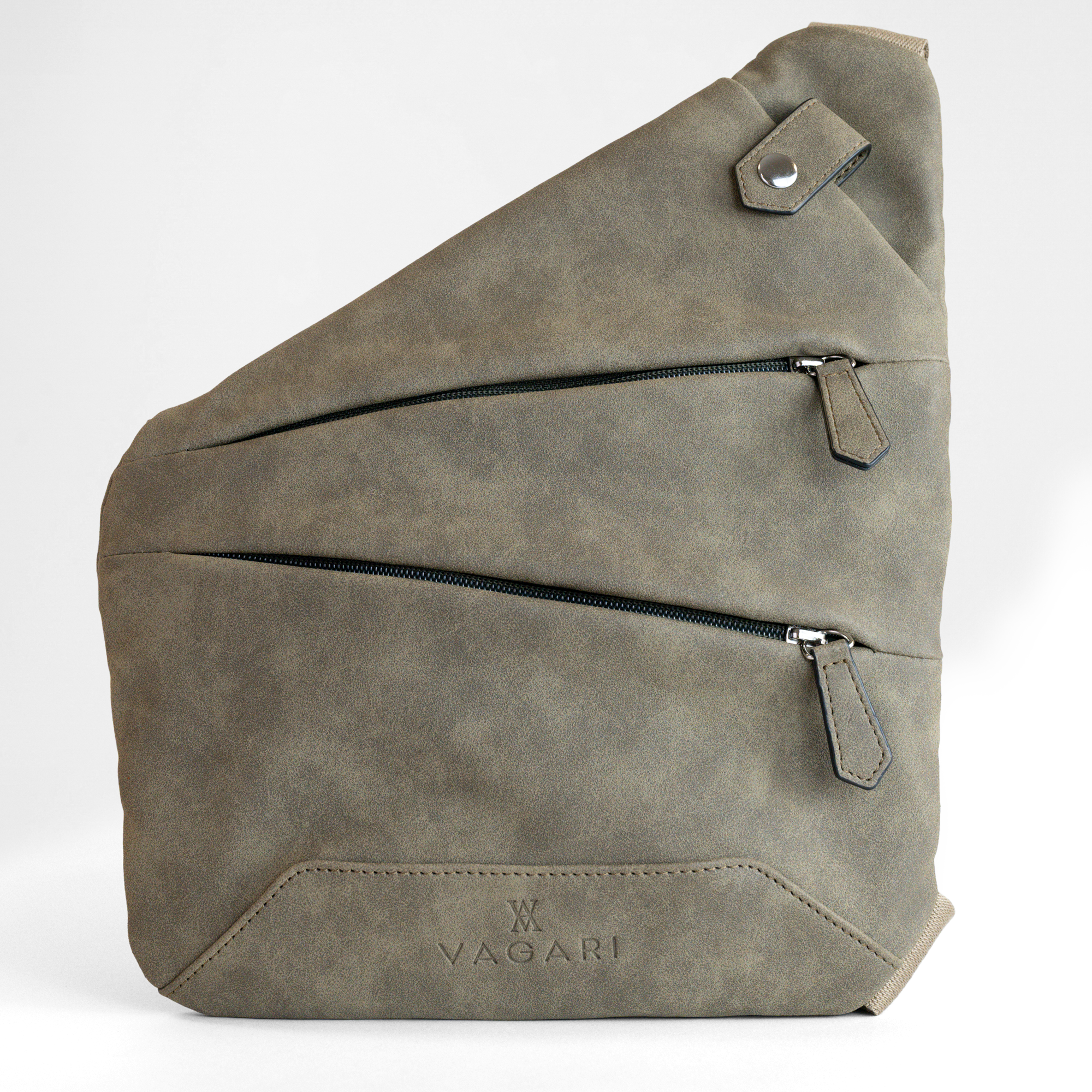 Front view of the London Sling Bag in Olive Drab displaying zipped compartments and phone pocket.