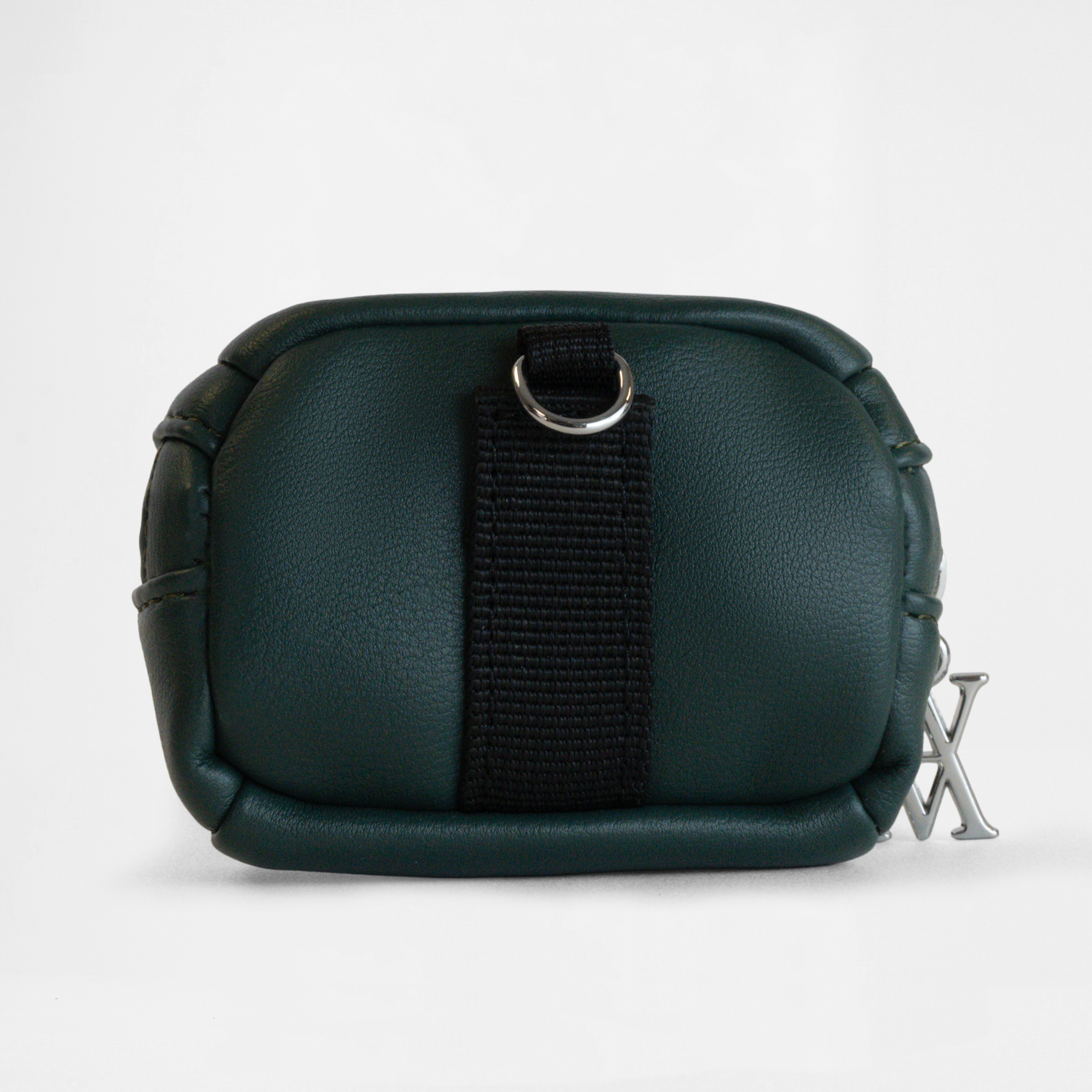 Back view of the Memphis Earbud Case in Racing Green with clip detail