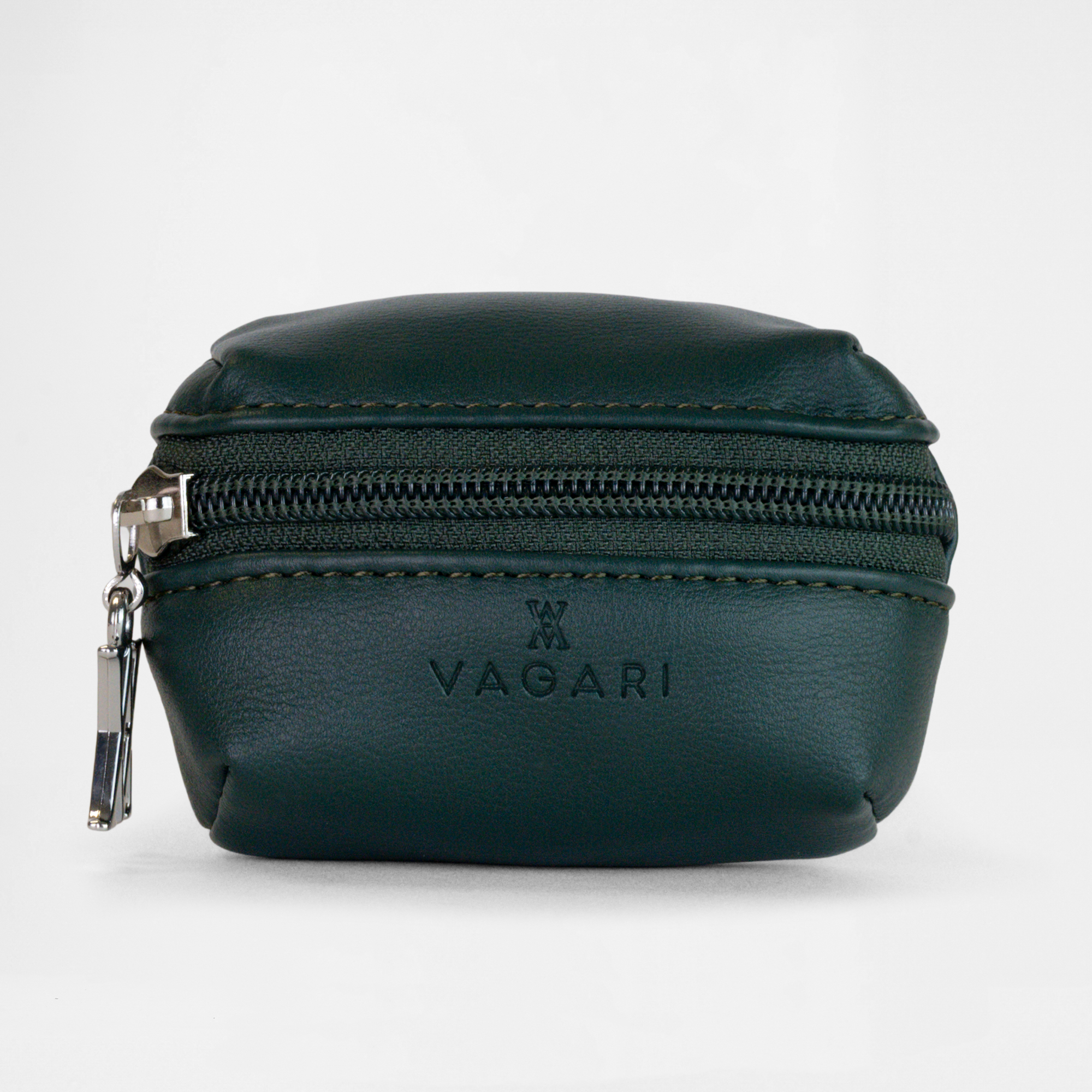 Front view of the Memphis Earbud Case in Racing Green by Vagari