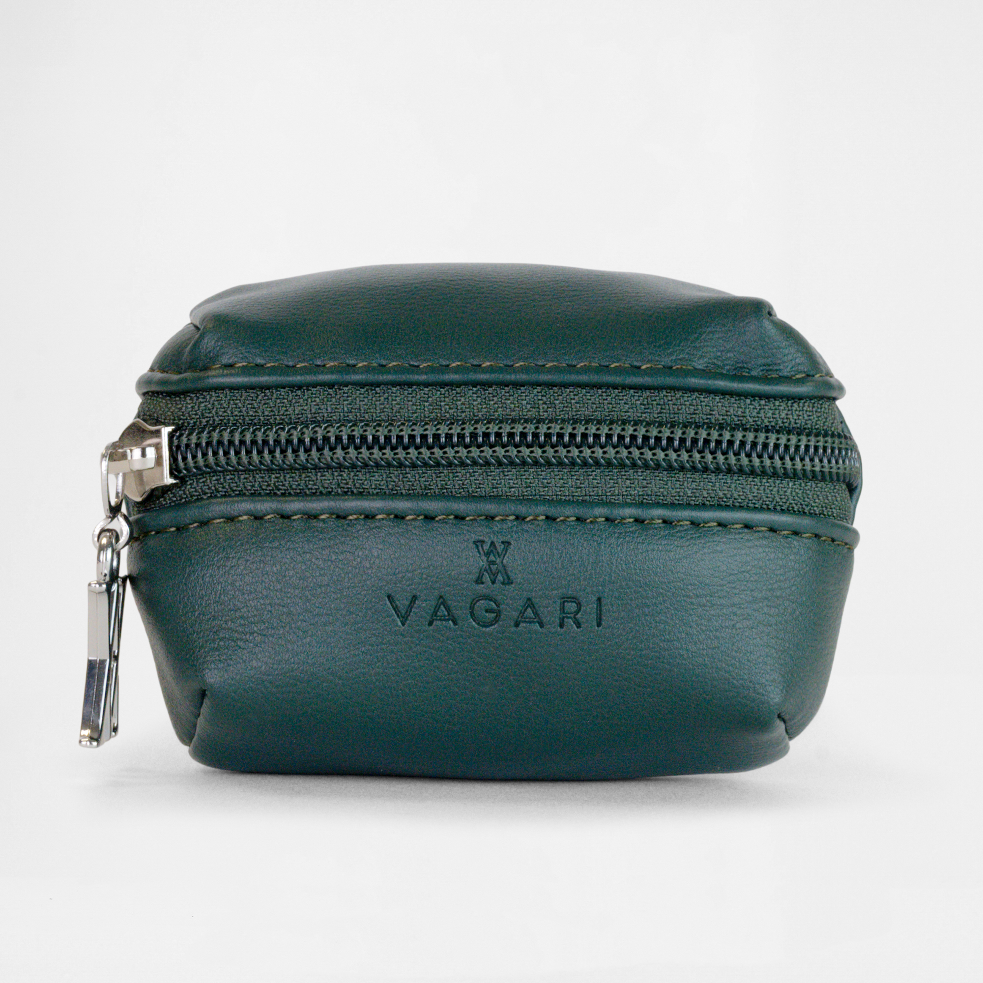 Front view of the Memphis Earbud Case in Racing Green by Vagari