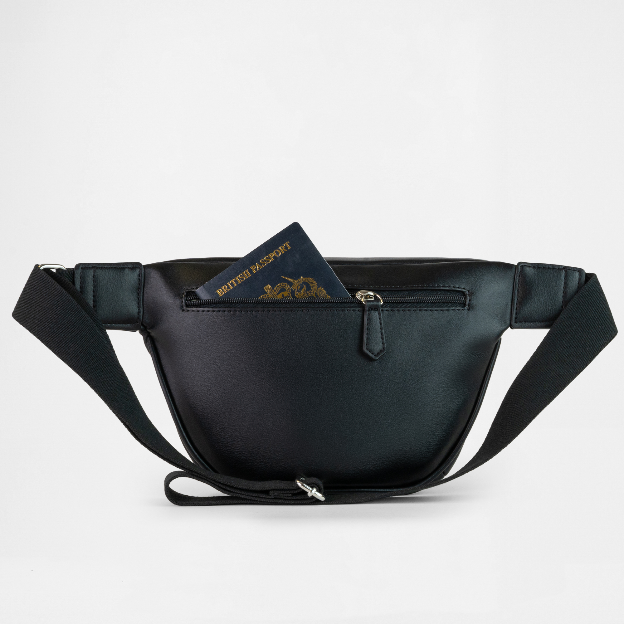 Miami Belt Bag in Black with passport in rear pocket for travel use