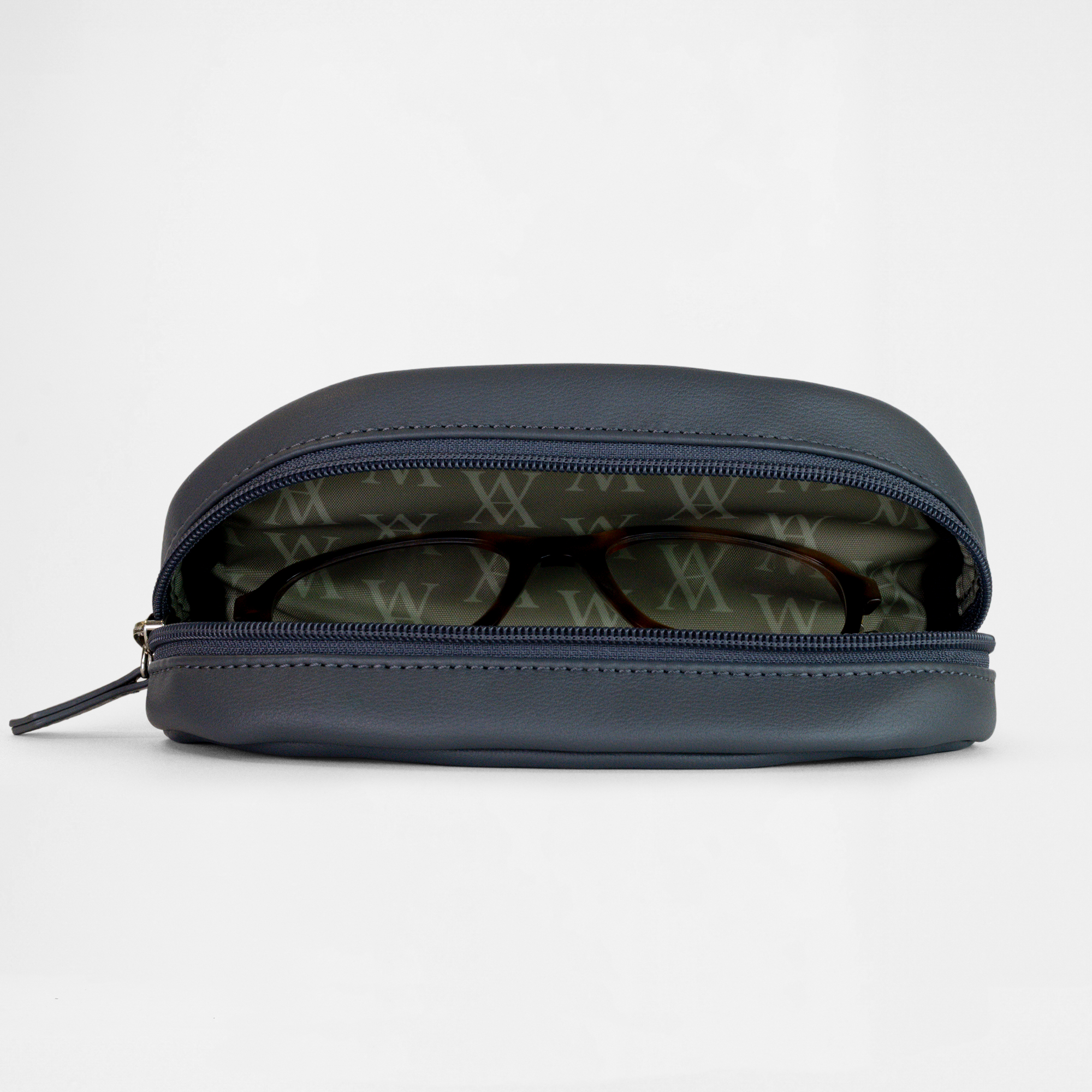 Open Oslo Glasses Case in Graphite showing eyewear storage compartment