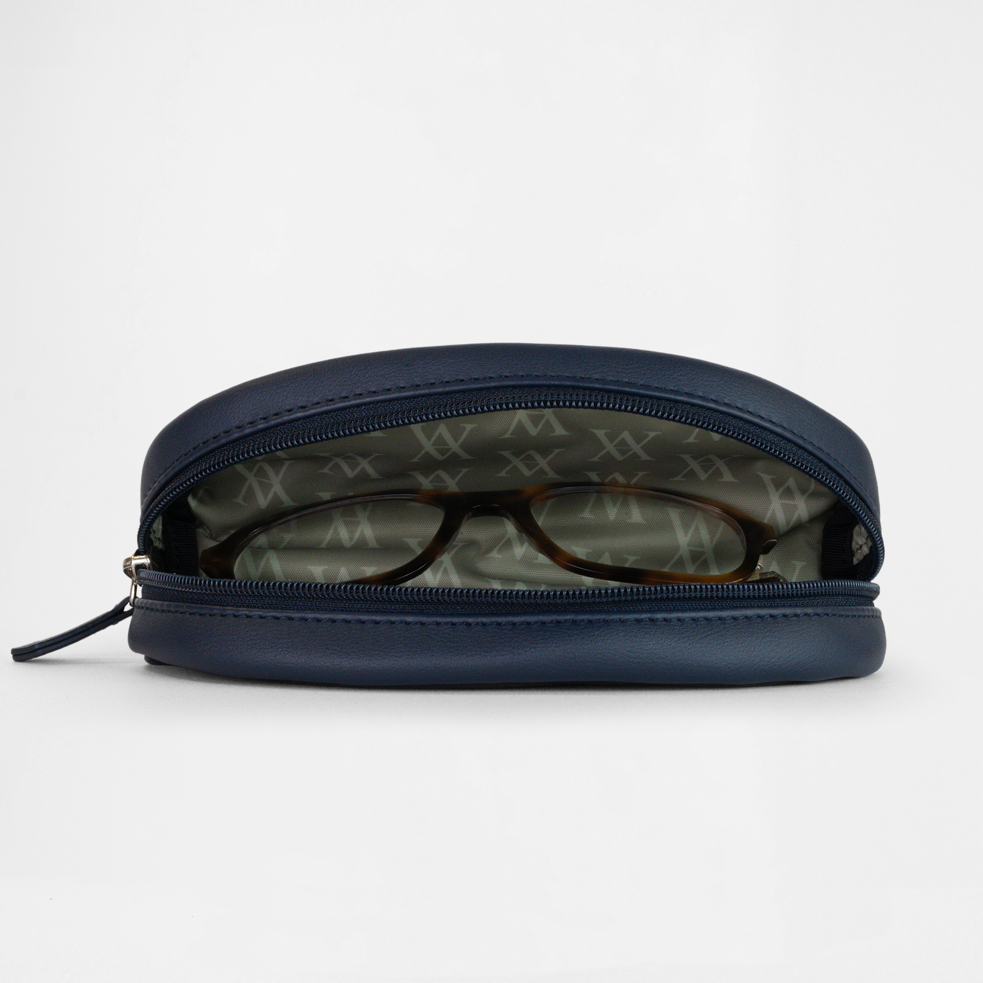 Open Oslo Glasses Case in Navy showing eyewear storage compartment