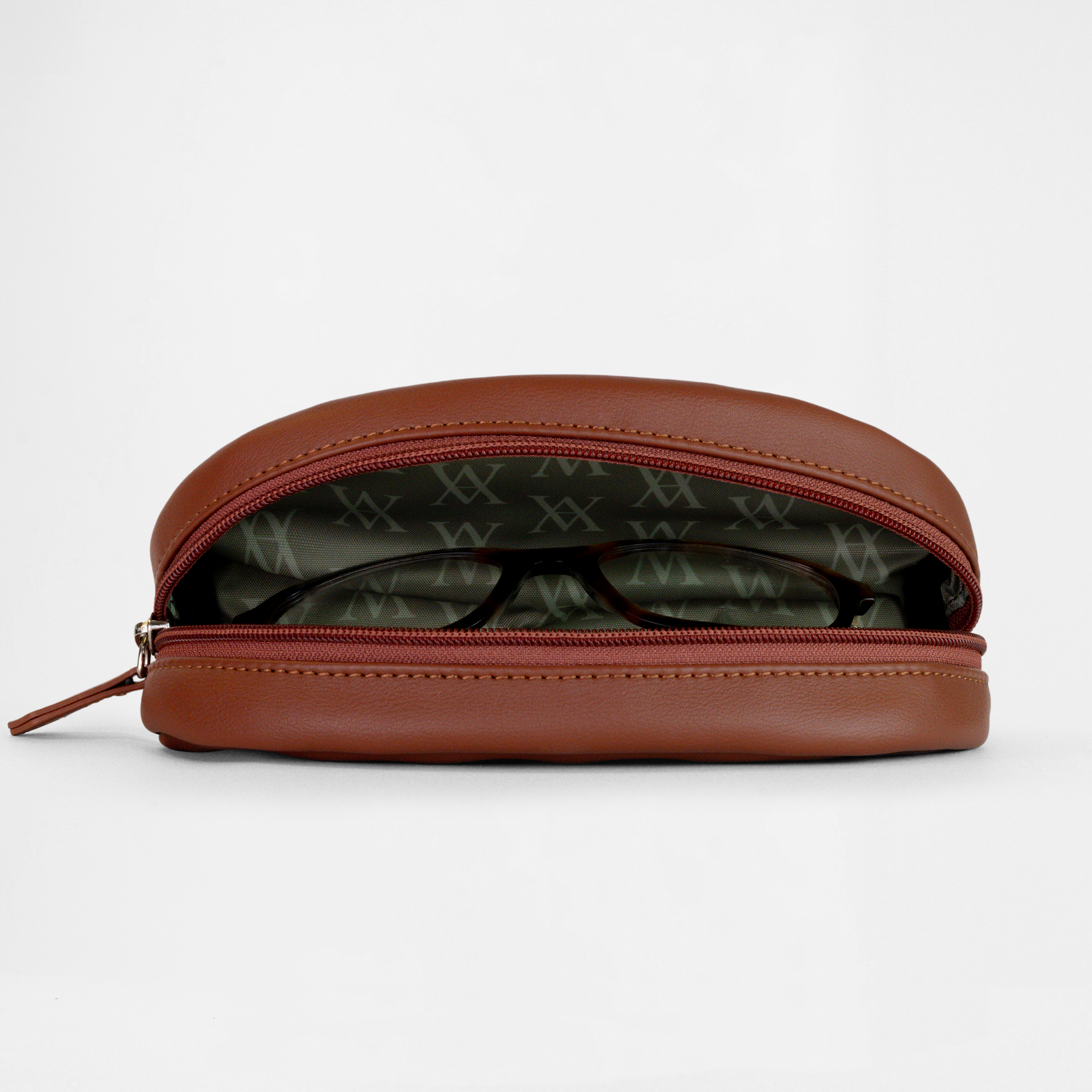 Open Oslo Glasses Case in Tan showing eyewear storage compartment