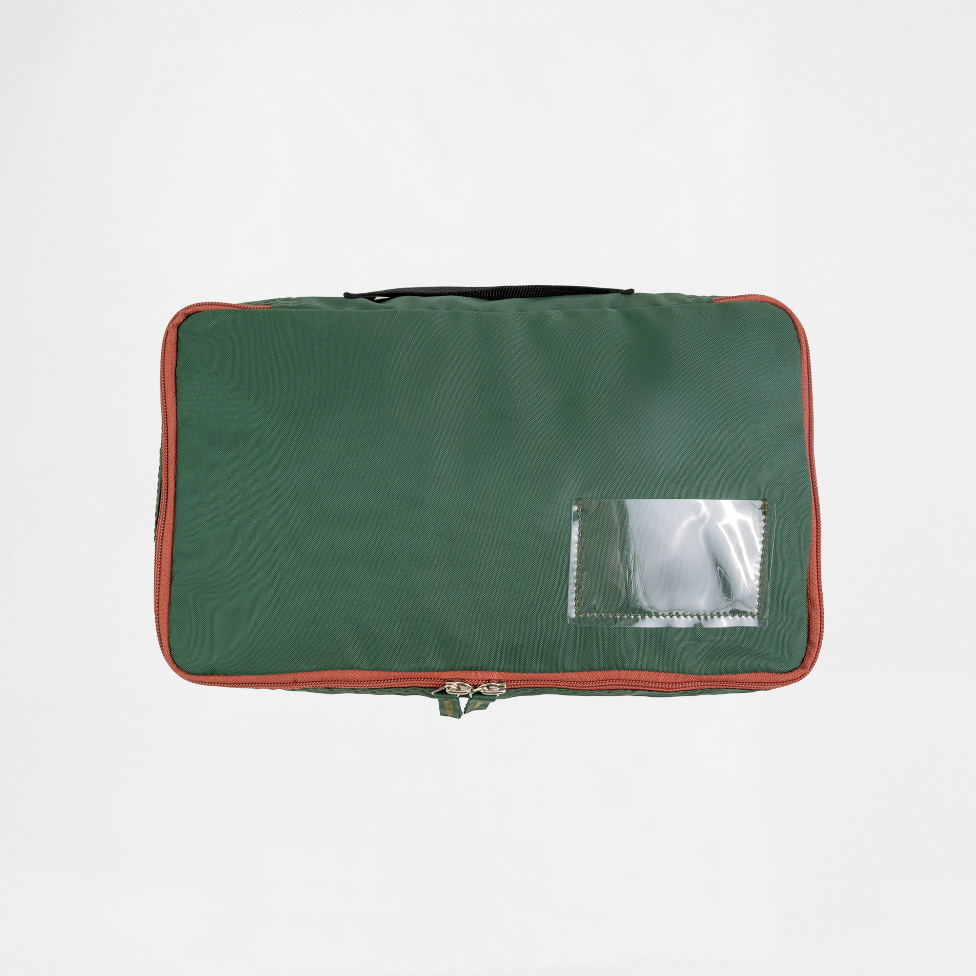 Medium size packing cube in racing green with tan trim